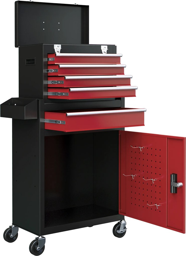 Armário de ferramentas com fechadura e rodas, com 5 gavetas e porta, com rodas, para a oficina e para casa, vermelho