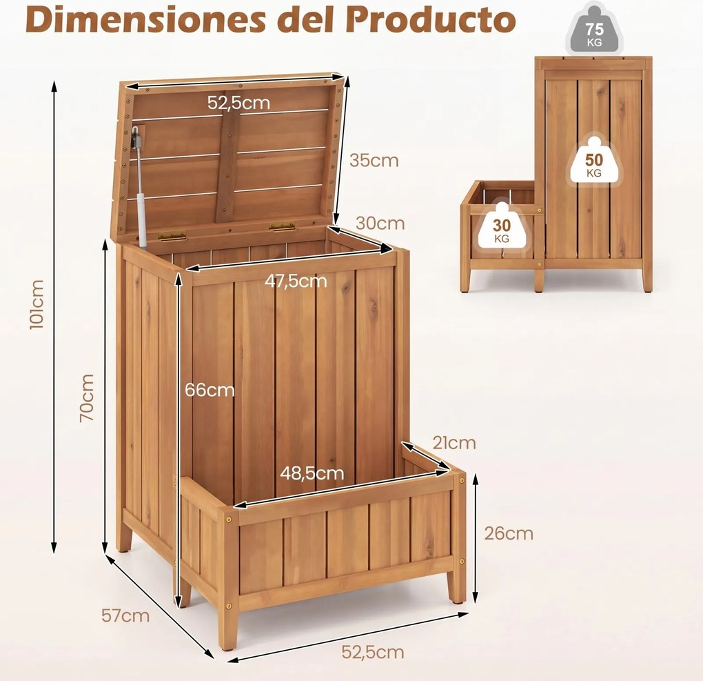 Caixa grande de armazenamento 57 x 52,5 x 70 cm com Floreira em madeira maciça para exterior, com tampa rebatível e pés elevados, para ferramentas de