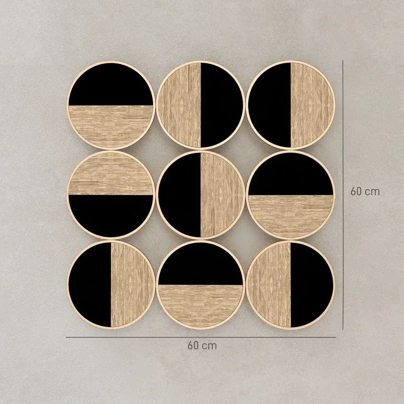 Quadro Decorativo de Parede Geométrico Decoração de Parede Moderno 3D 60x60 cm com Espelho de Plástico Preto e Madeira