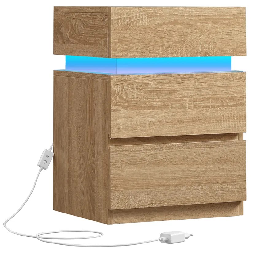 Mesa de cabeçeira com iluminação LED e 3 gavetas 35 x 40 x 55 cm Castanho