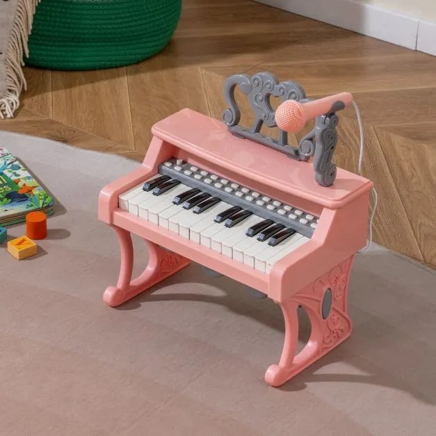 Piano de 25 teclas para crianças 30,5 x 17,5 x 32,5 cm com atril e microfone Brinquedo educativo para aprendizagem precoce 3+ anos Rosa