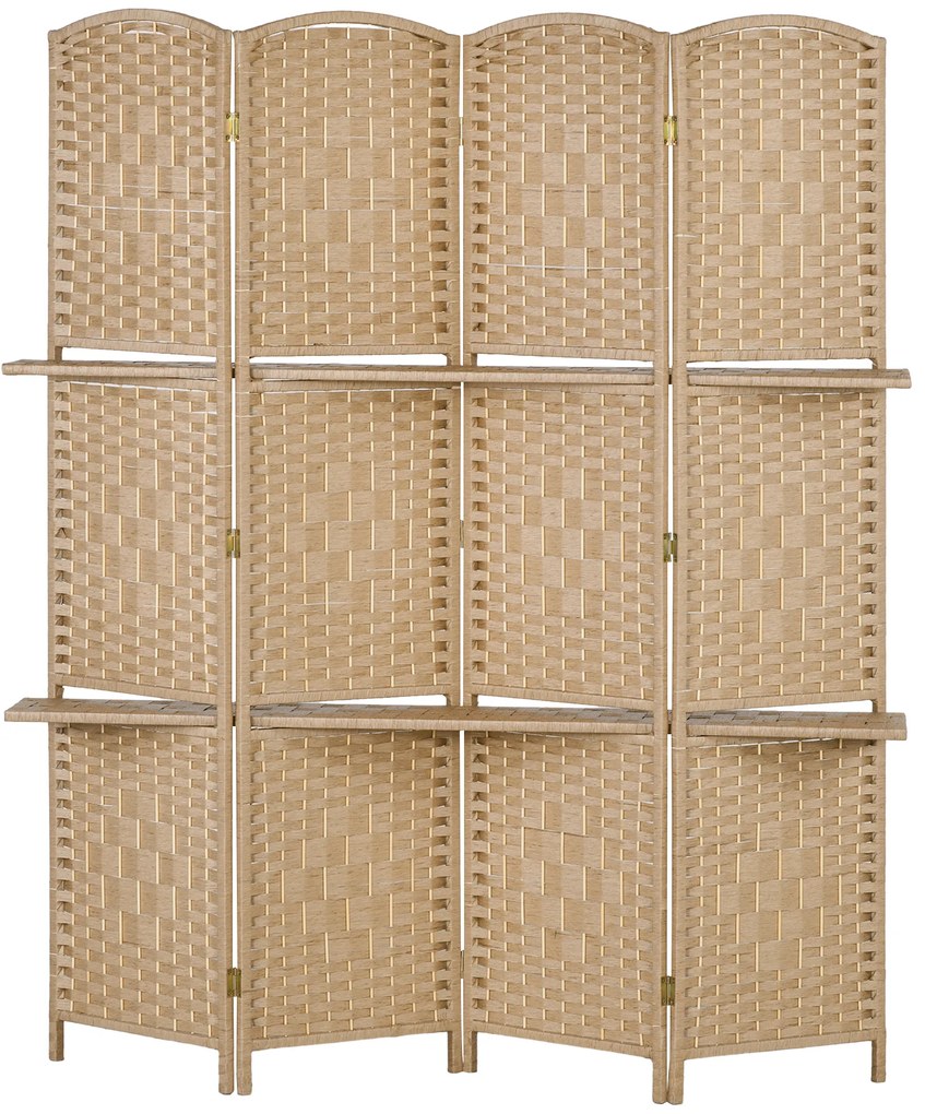 Biombo de 4 Painéis 160x170 cm Separador de Ambientes Dobrável com 2 Prateleiras de Exibição para Escritório Quarto Natural