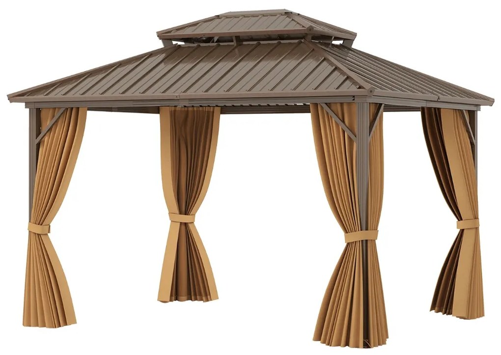 Pérgula jardim 354 x 294 cm com rede Mosquiteira Cortinas Telhado Metálico Duplo Galvanizado Estrutura de Alumínio Café