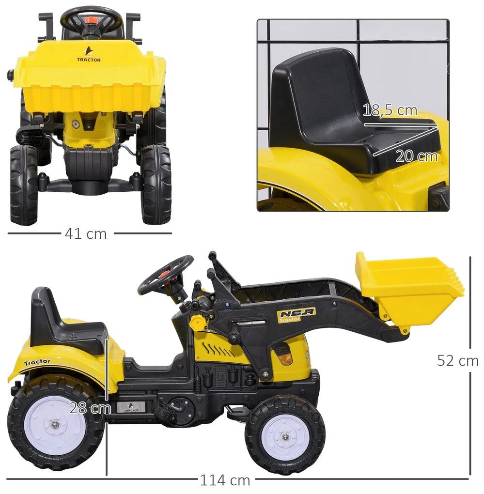 HOMCOM Trator a Pedal para Crianças acima de 3 Anos Trator Escavadora Infantil com Pá Dianteira Veículo a Pedais Carga Máxima 35 kg 114x41x52 cm Amarelo e Preto