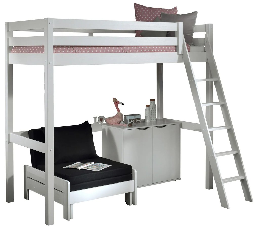 Cama alta de Criança PINO 90 x 200 cm + estrado + escada + armário com 2 portas + sofá-cama Branca