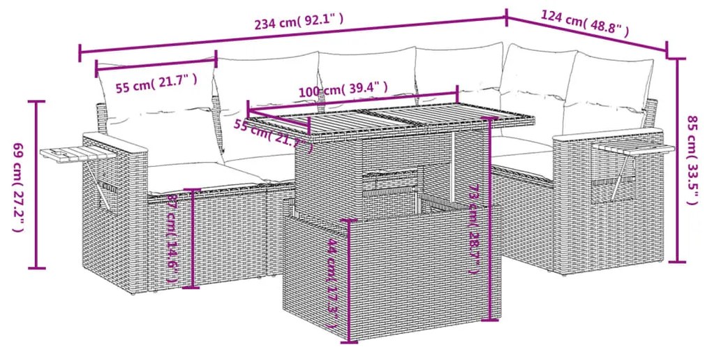 6 pcs conjunto sofás de jardim c/ almofadões vime PE preto