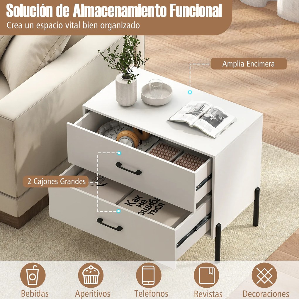 Conjunto de 2 mesas de cabeçeiras, 71 x 40 x 61 cm, 2 Gavetas, Brancas