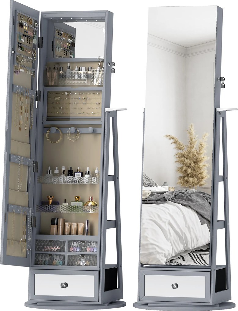 HOMCOM Espelho de Pé Giratório 360° com Espelho com Interior Iluminado Organizador de Jóias com Prateleiras e Gavetas 56x56x164 | Aosom Portugal