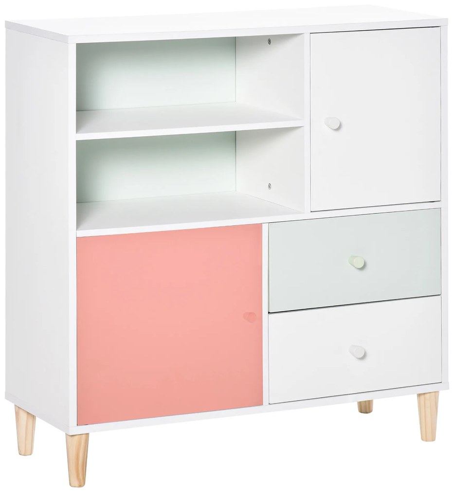 HOMCOM Móvel Infantil Cómoda para Crianças com 2 Compartimentos 2 Gavetas e 2 Armários para Armazenamento de Livros Brinquedos Roupa 80x30x85cm Coral Verde Menta Branco