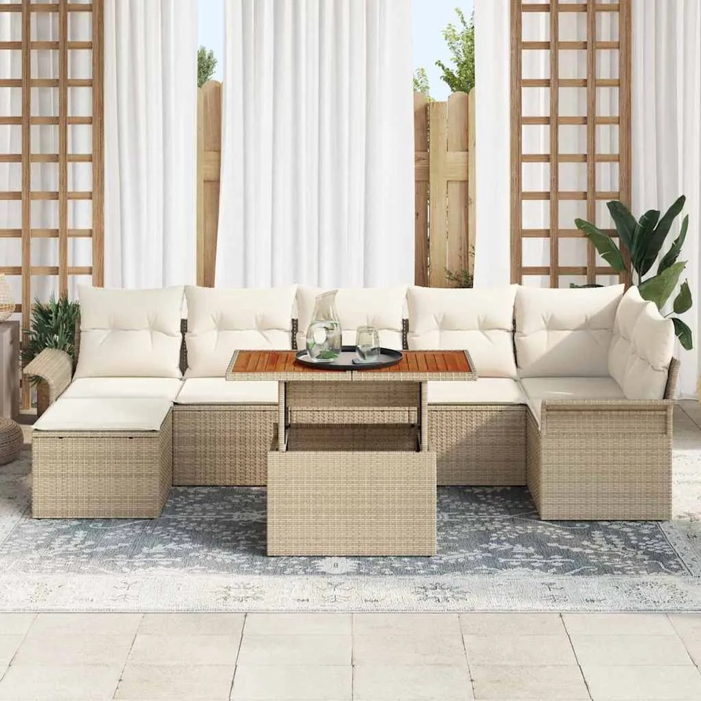 Conjunto de jantar de jardim de 8 peças com almofadas bege em rattan s