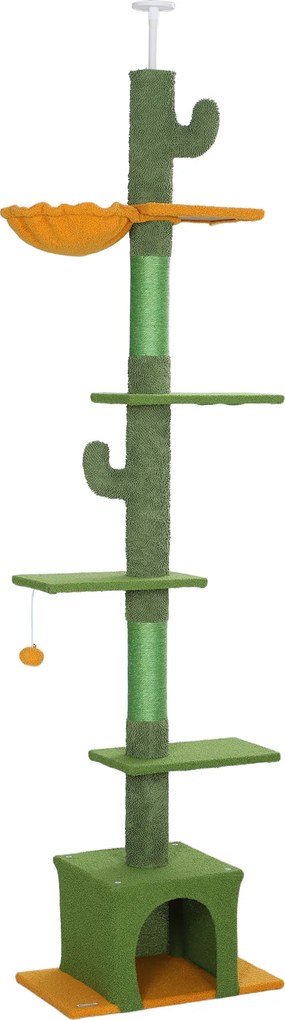 PawHut Arranhador para Gatos de Chão a Teto de 230-275 cm com Altura Ajustável Postes de Sisal e Bola de Brincar Verde | Aosom Portugal