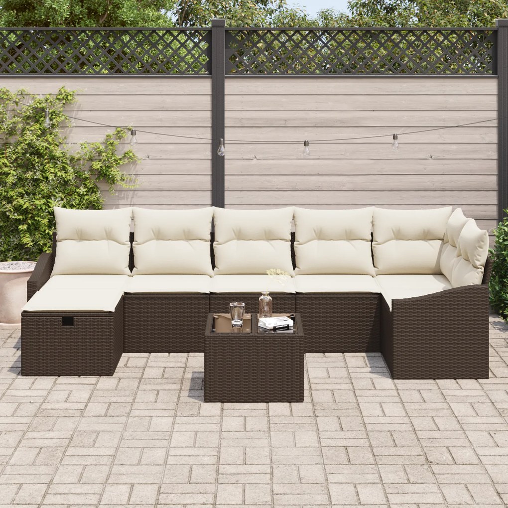 Conjunto de Sofá de Jardim de 8 Peças com Almofadas Castanho Rattan Po