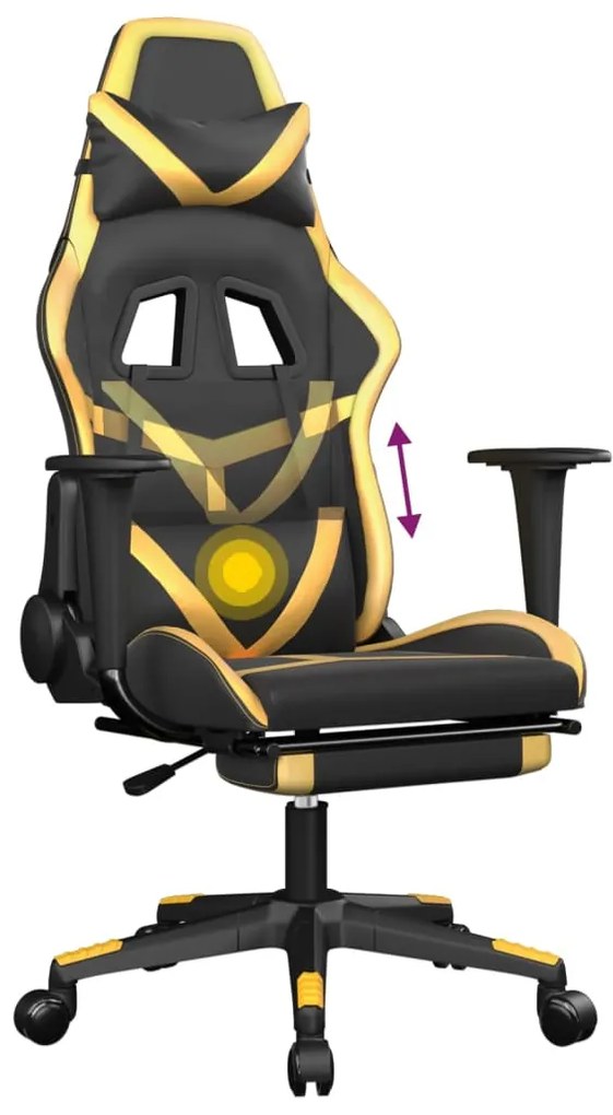 Cadeira gaming c/ apoio pés couro artificial preto e dourado