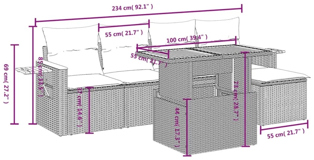 6 pcs conjunto sofás de jardim c/ almofadões vime PE preto