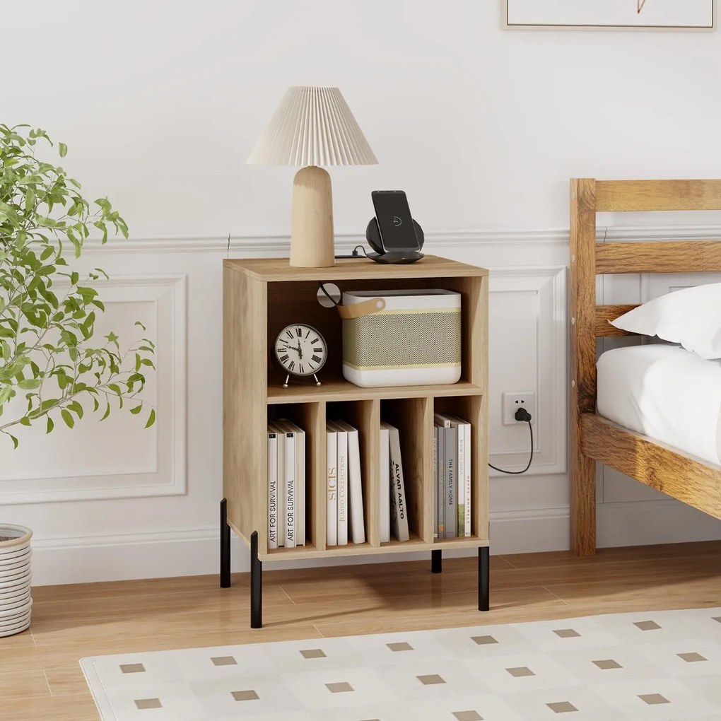 Estante para discos vinil Pernas de metal e Estação de carregamento e porta USB para sala de estar Quarto Escritório Natural