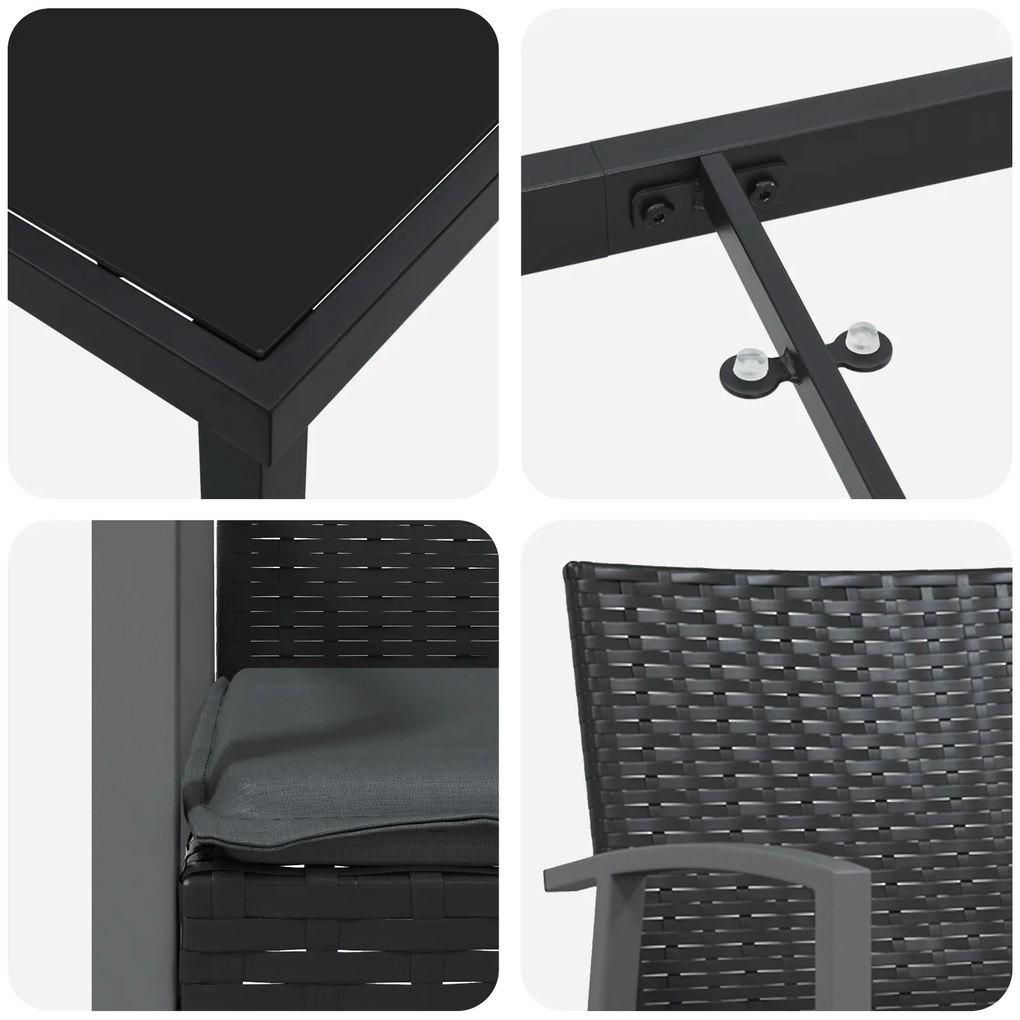 Conjunto de Jantar de Jardim 3 Peças com Almofadas Pretas Rattan Sinté