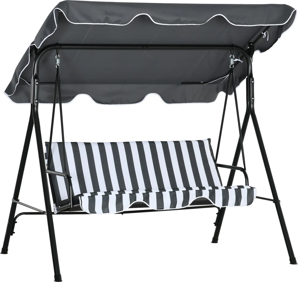 Outsunny Balanço de Jardim Exterior Baloiço de 3 Lugares com Toldo Ajustável e Estrutura de Aço 172x110x153 cm Cinzento e Branco | Aosom Portugal