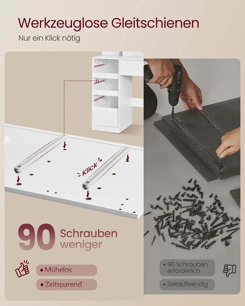 Toucador 40 x 110 x 141,5 cm com espelho LED (BANCO NÃO INCLUIDO), tomada e nove gavetas Branco nuvem