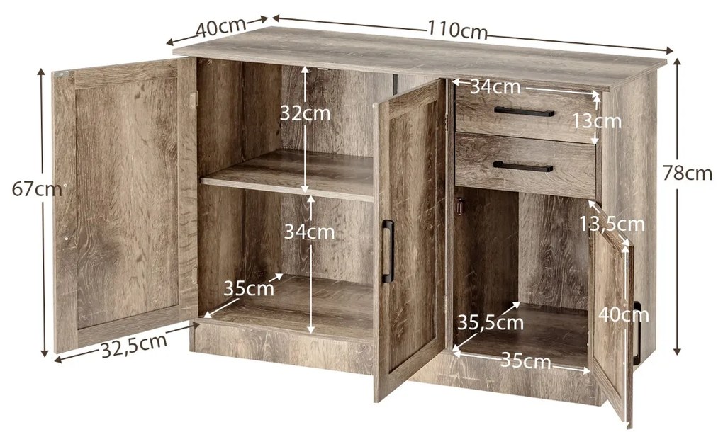 Aparador com 2 gavetas 3 portas 1 Estante ajustável Aparador para cozinha, sala de jantar Sala de estar Hall de entrada 110 x 40 x 78 cm Cinzento