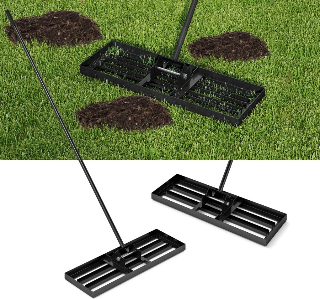 Ancinho nivelador de relva 75 x 25 cm com cabo ergonómico para solo de jardim, pátio, quinta - Preto