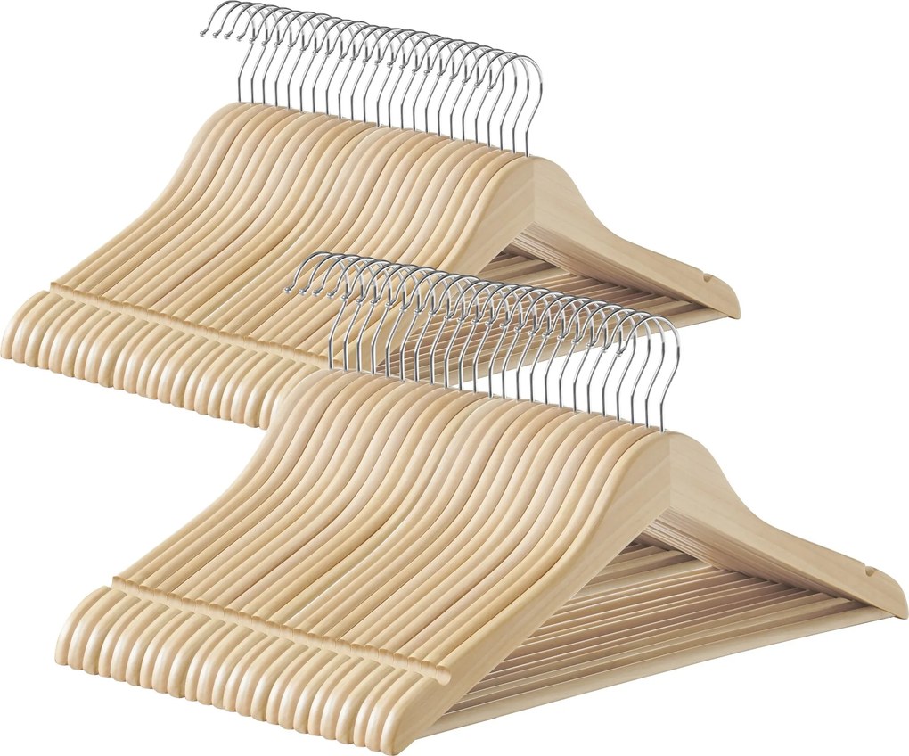 Conjunto de 48 cabides de madeira com ranhuras em tom bege natural