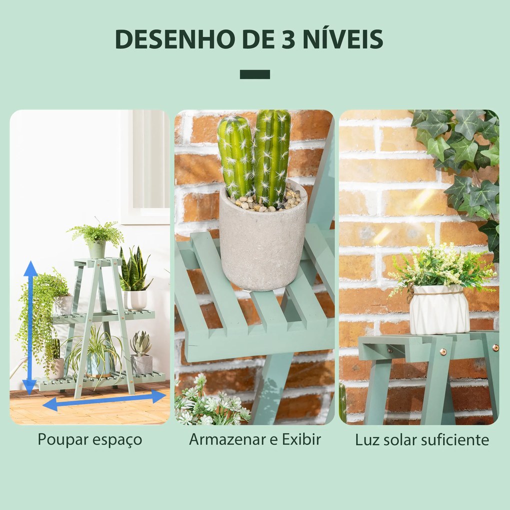 Suporte de Madeira para Plantas Suporte para Flores de 3 Níveis Prateleira Decorativa de Plantas para Interior Exterior 46x26x76cm Verde