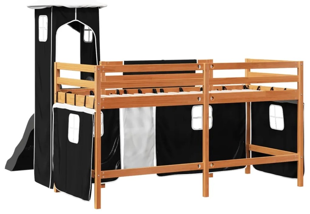 Cama alta criança c/ torre 90x200 cm pinho maciço branco/preto