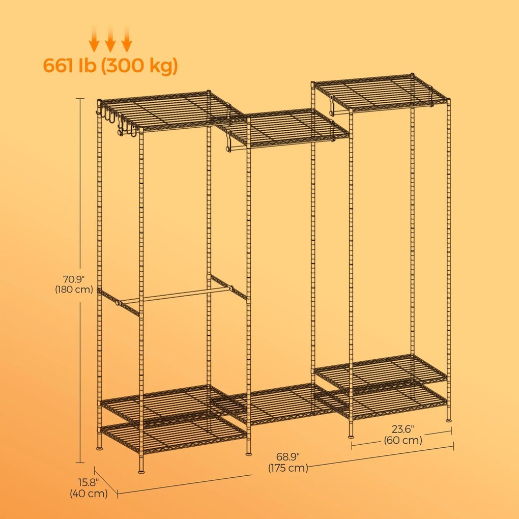 Guarda-roupa em metal aberto com 4 varões e 8 prateleiras 40 x 175 x 180 cm Preto