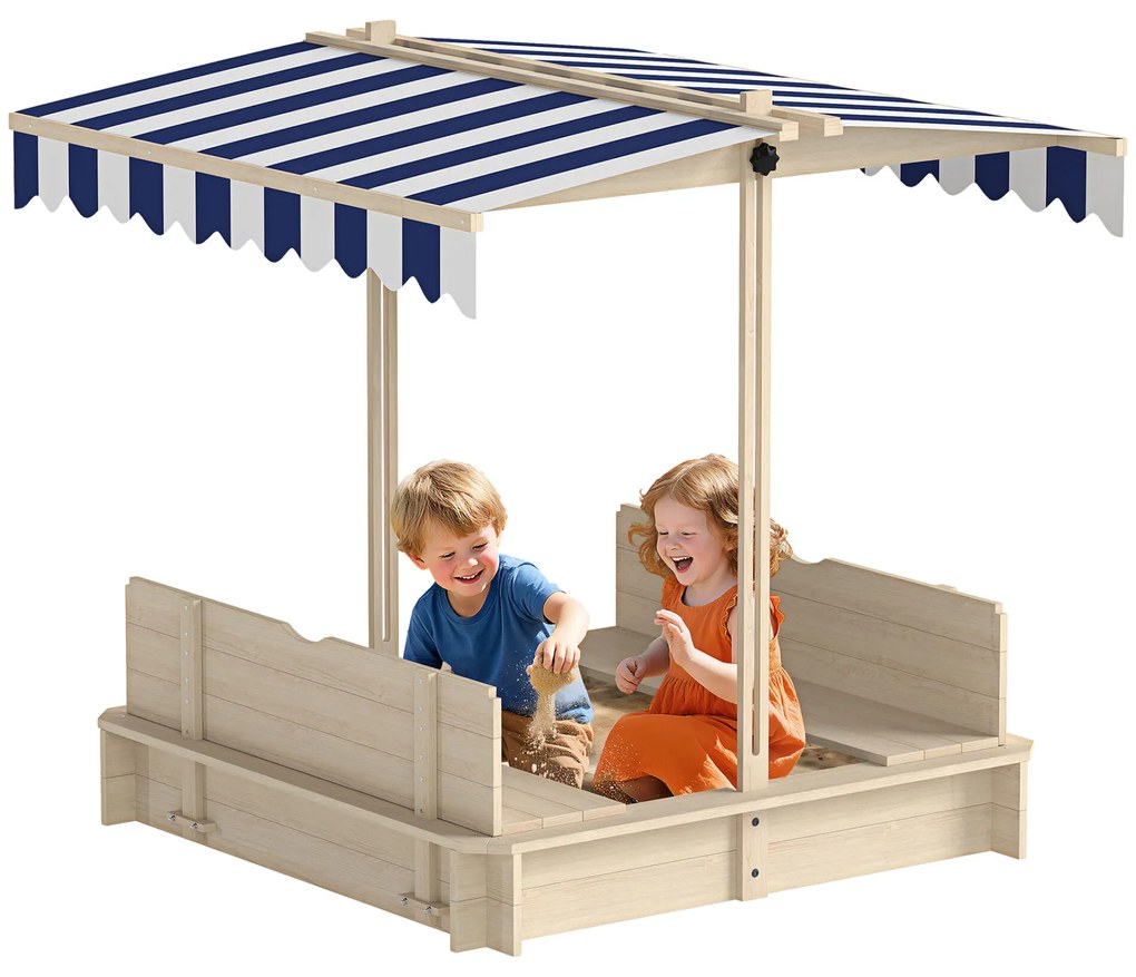 Outsunny Caixa de Areia de Madeira para Crianças acima de 3 Anos com Banco Toldo Ajustável Removível 106x106x121cm Carga 50kg Madeira