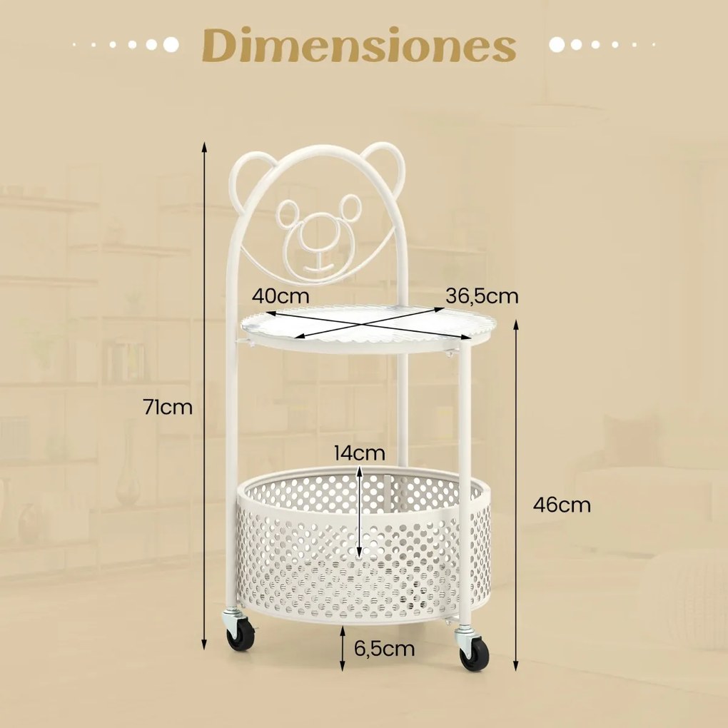 Mesa de centro de vidro móvel Mesa apoio ou cabeçeira de 2 níveis com padrão de urso Cesto de arrumação Estrutura metálica Mesa lateral moderna Branca