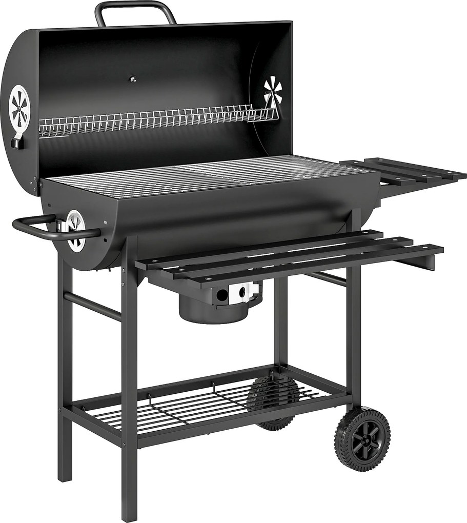 Outsunny Churrasqueira a Carvão em Aço BBQ Smoker com Tampa Alças Termómetro Rodas Móvel 114 x 65 x 95 cm | Aosom Portugal