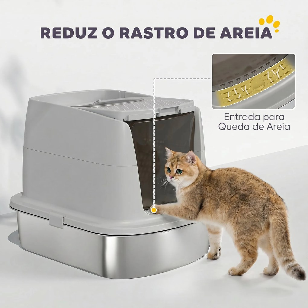 Caixa de Areia para Gatos em Aço Inoxidável L com Tampa Removível e Pá Inox, Cinzento Claro