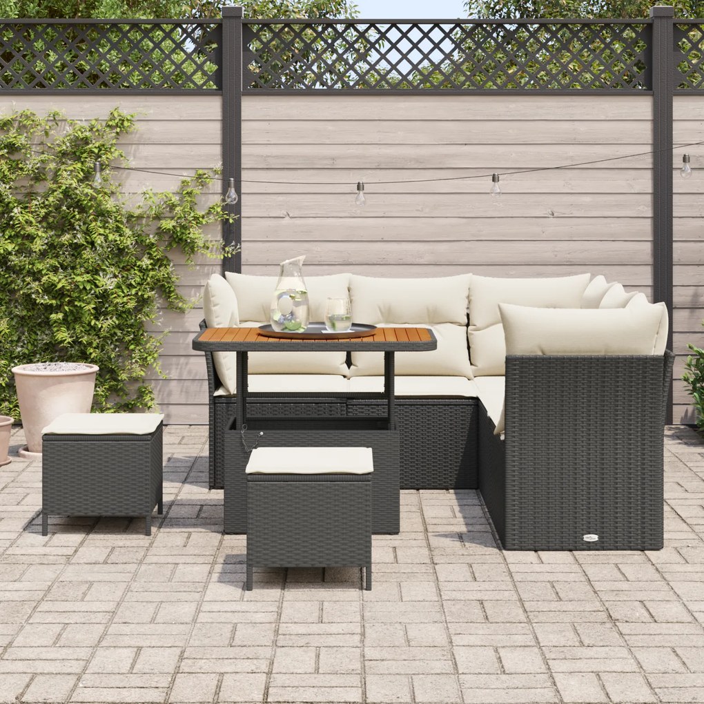 Conjunto de Sofá de Jardim vidaXL com Almofadas Preto Poliratan Acácia