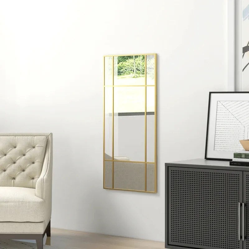 Espelho de parede retangular em estilo janela, na orientação horizontal ou vertical, com 4 ganchos, 110 x 50 cm em metal dourado