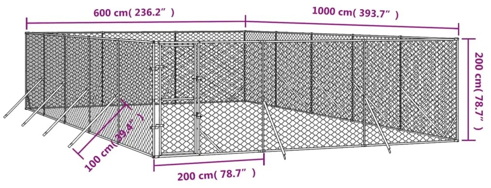 Canil de exterior 6x10x2 m aço galvanizado prateado