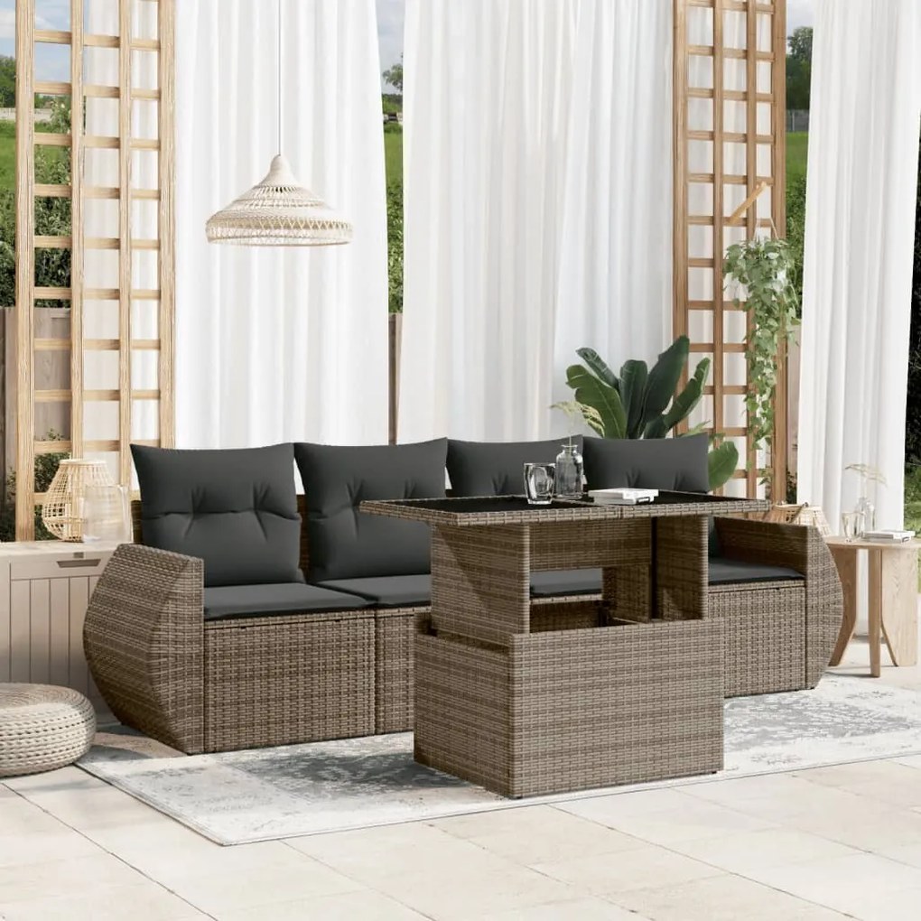 5 pcs conjunto sofás de jardim c/ almofadões vime PE cinzento