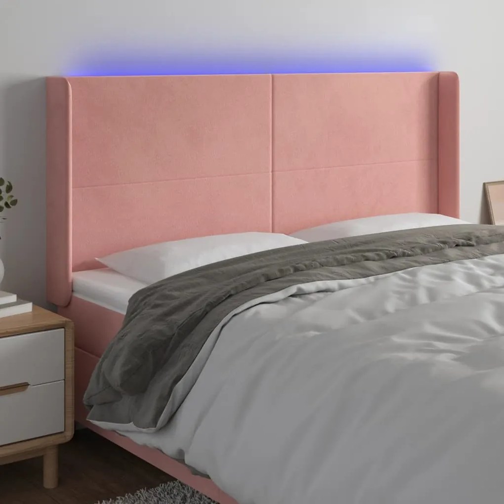 Cabeceira de cama c/ luzes LED veludo 203x16x118/128 cm rosa