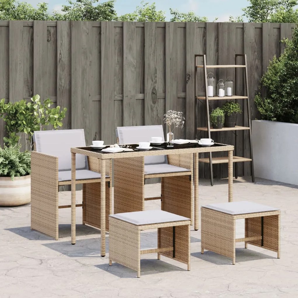 vidaXL 5pcs conj. jantar jardim c/ almofadões vime PE bege misturado