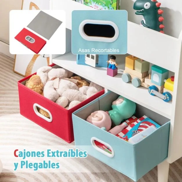 Estante de livros para crianças com prateleiras de 3 níveis e 2 gavetas dobráveis Organizador de brinquedos Branca