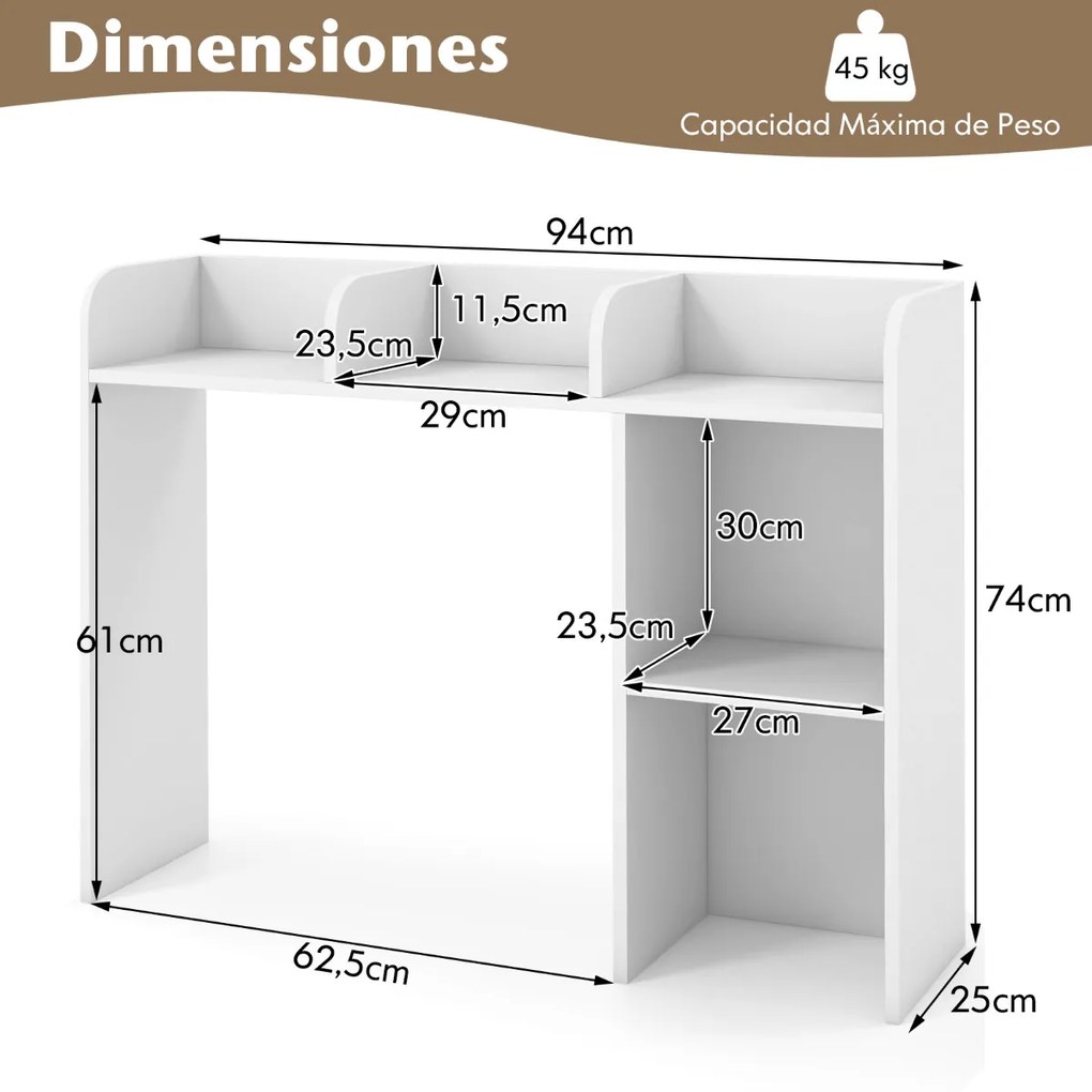 Prateleira de madeira para secretária com 4 prateleiras e organizador de secretária com compartimento aberto 94 x 25 x 74 cm Branco