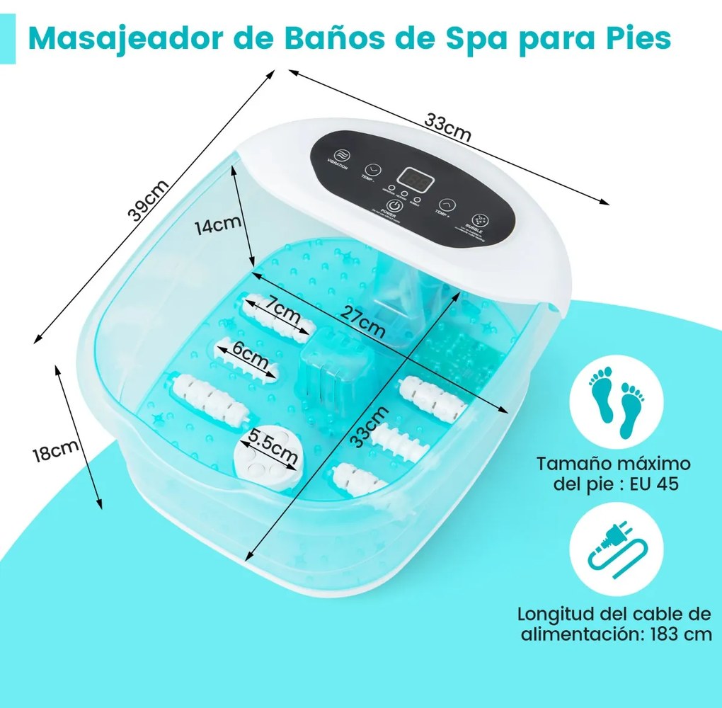 Massajador de banho para pés com pedra de massagem amovível e pérolas Massajador de banho para pés com bolhas e vibração 33 x 39 x 18 cm Azul