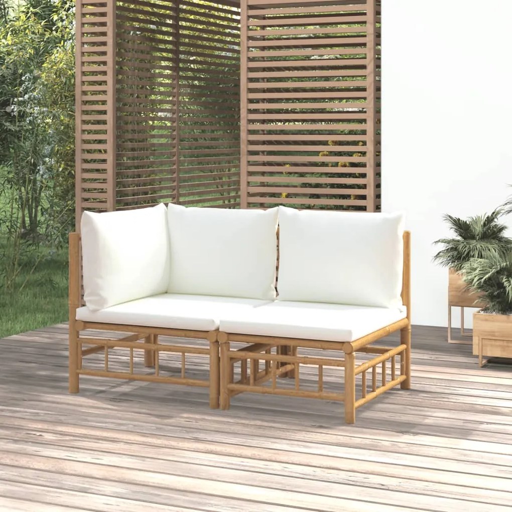 362298 vidaXL 2 pcs conjunto lounge de jardim bambu c/ almofadões branco nata