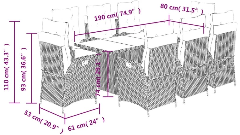 9 pcs conjunto de jantar p/ jardim com almofadões vime PE bege