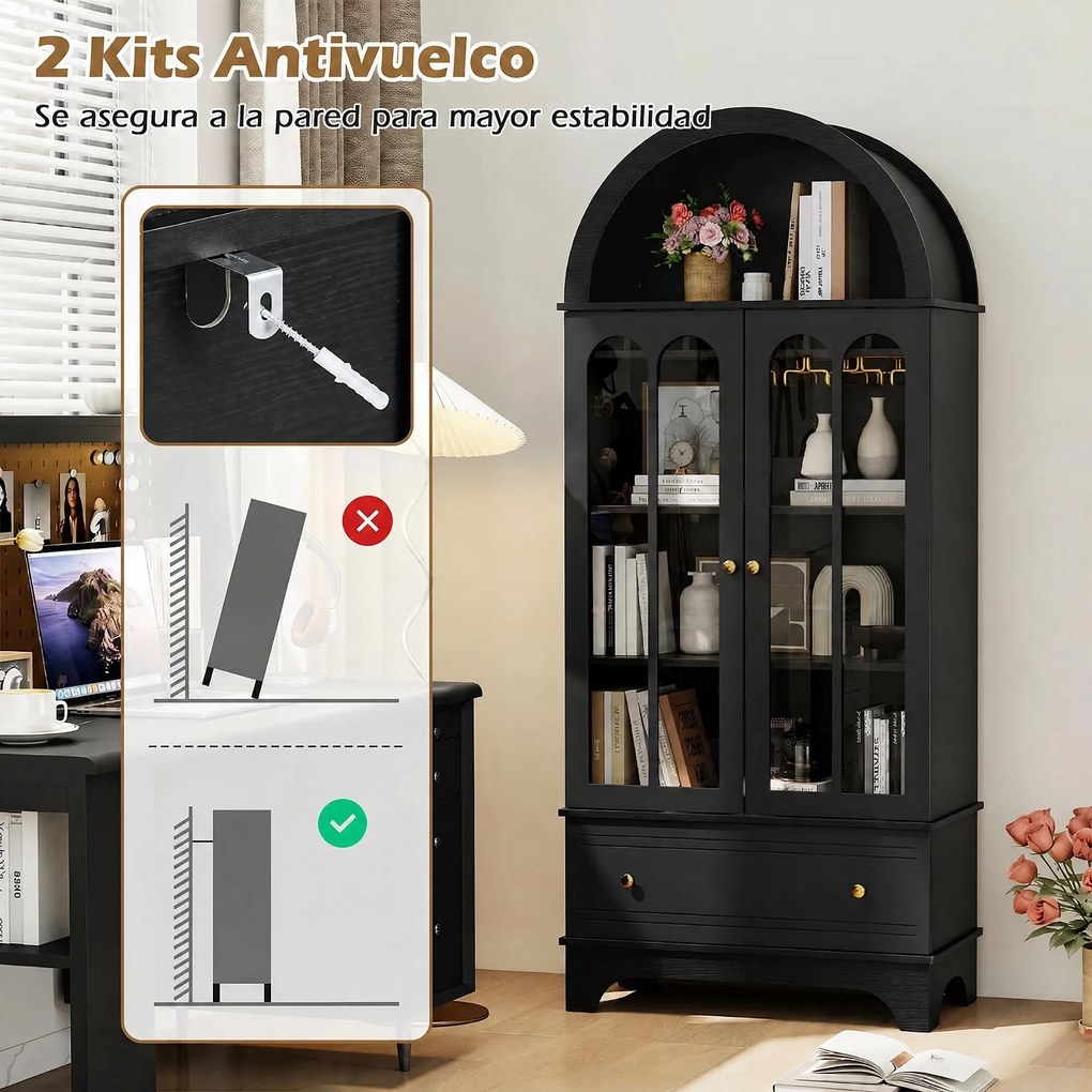Armário de Arrumação Arqueado, 77,5 x 40 x 181 cm, Suporte para Garrafas e Copos, Preto