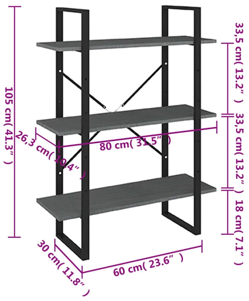 Estante com 3 prateleiras 80x30x105 cm pinho maciço cinzento