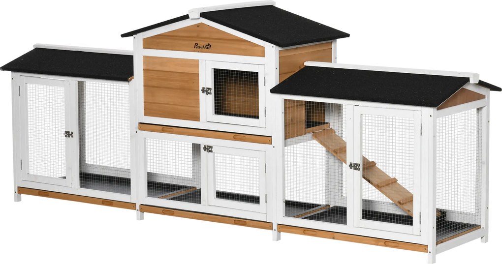 PawHut Abrigo para pequenos animais com recinto exterior, inclui rampa, telhado de betume, madeira de abeto Preto + Branco + Natural | Aosom Portugal