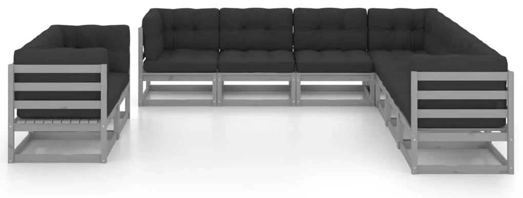 9pcs conjunto lounge de jardim c/ almofadões pinho maciço cinza