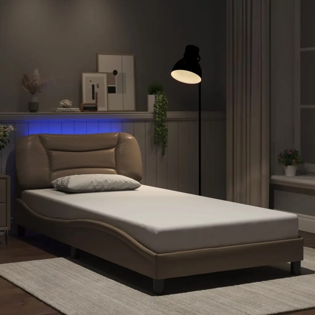 Estrutura cama c/ luzes LED 100x200 cm couro artif. cappuccino