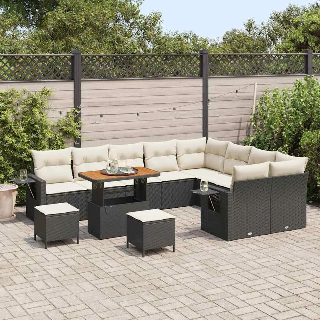 Conjunto de Sofá de Jardim de 12 Peças Com Almofadas Preto Rattan Poli