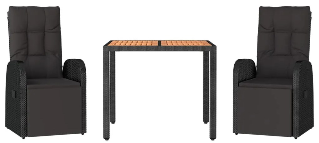 3 pcs conjunto de jantar p/ jardim vime PE/acácia maciça preto